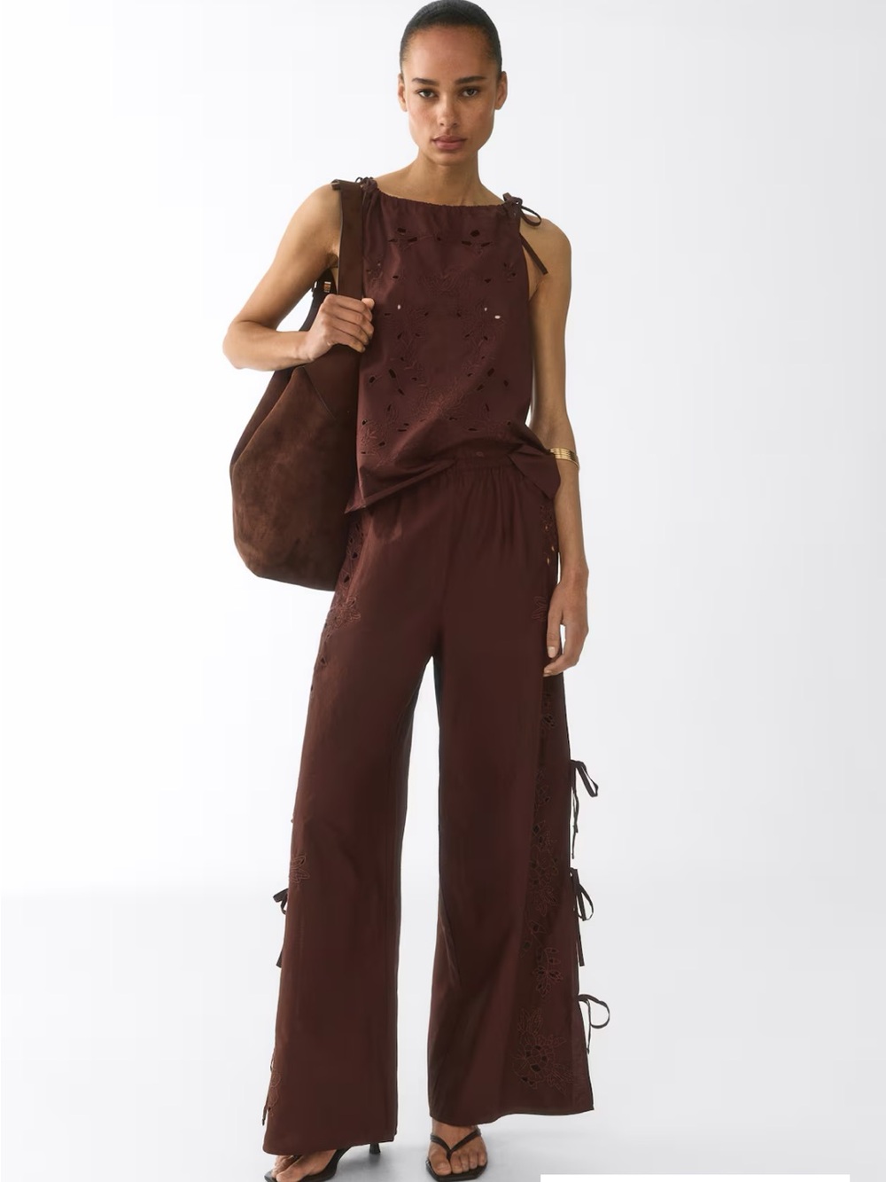 H&M Women's Wide-Leg Eyelet Pants in Brown